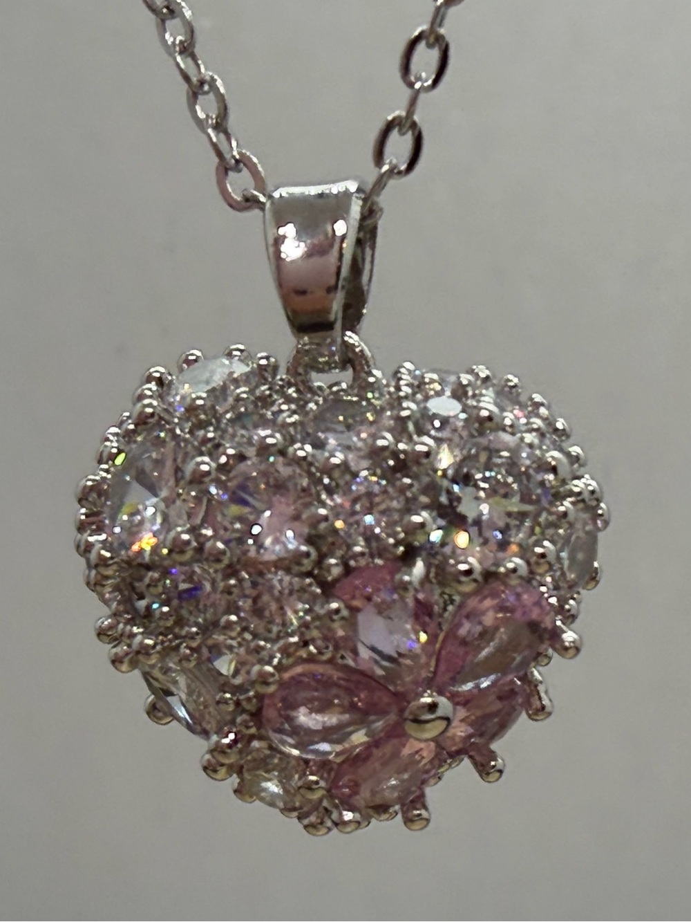 Silver Heart Pendant Necklace with Pink Crystal Flower